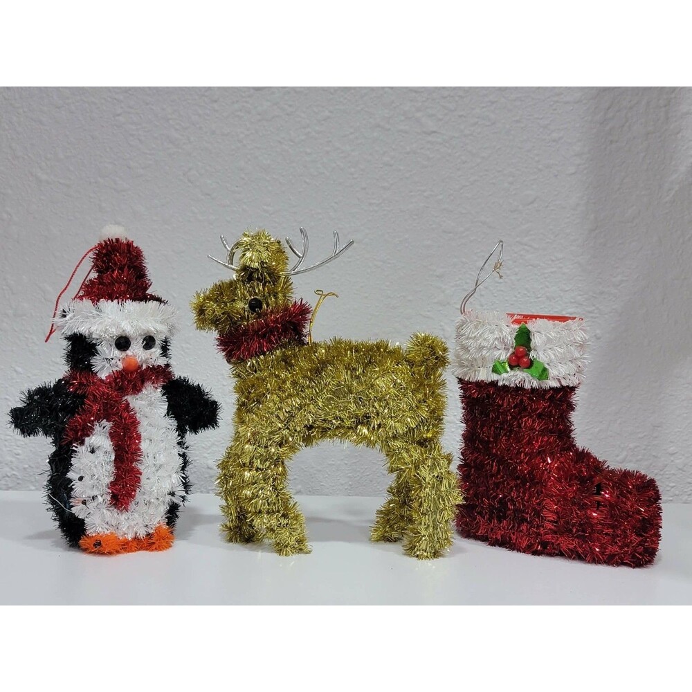 Christmas Ornaments Tinsel Tabletop And Hanging Sleigh Reindeer Penguin Stocking